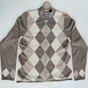 Ladies M Charter Club 2-Ply 100% Cashmere Tan Argyle LS Full Zip Hi Neck Sweater